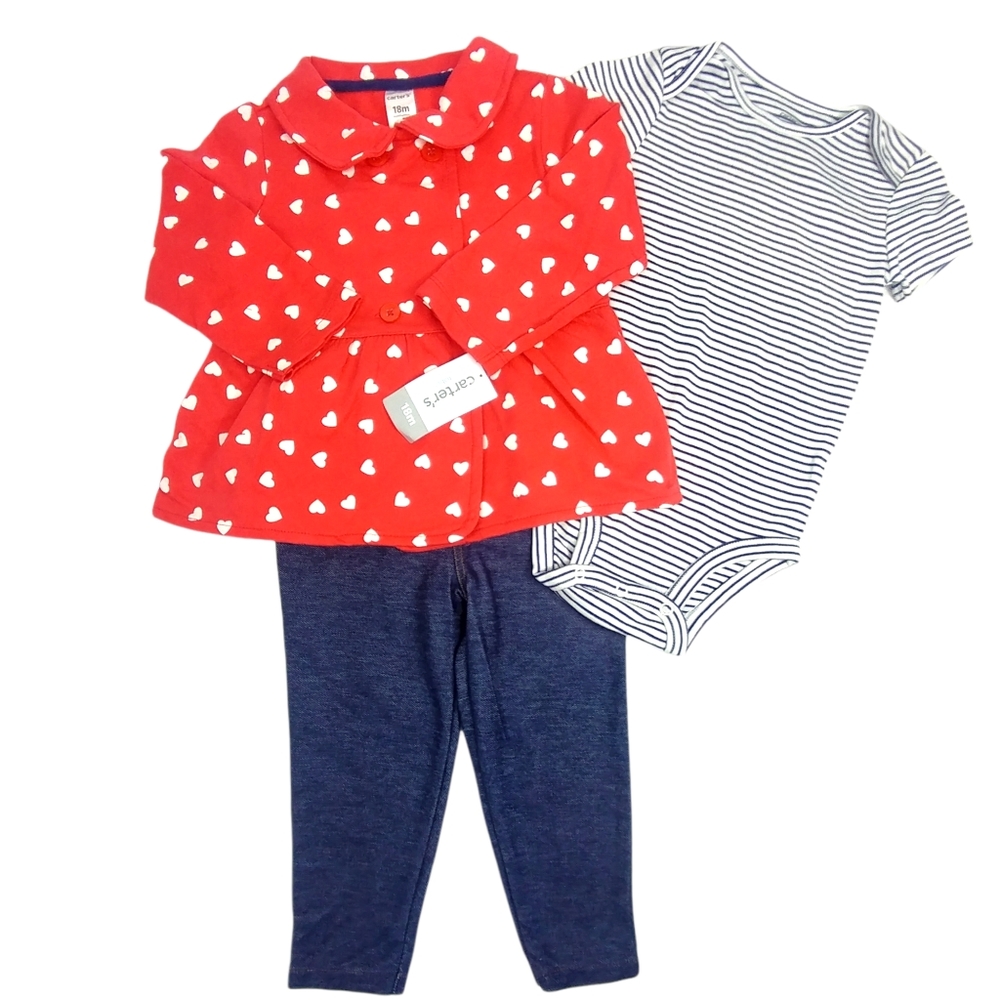 Carter’s Infant Girl's Valentine Hearts Cardigan Bodysuit Pant 3 Piece Sz 18 Mos